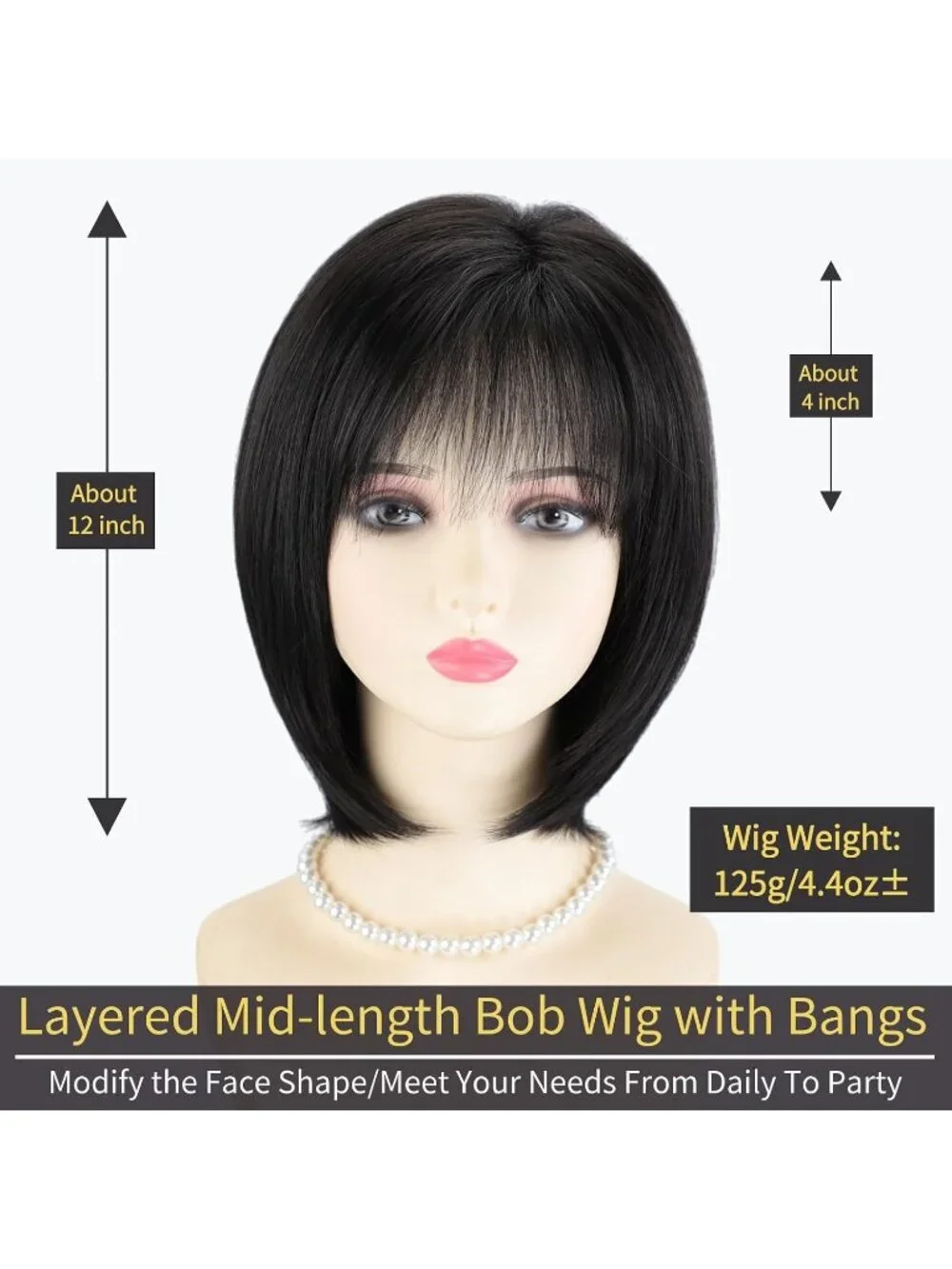 Women's Black 12 Inch Mid Length Heat Synthetic Straight Layered Bob Wigs